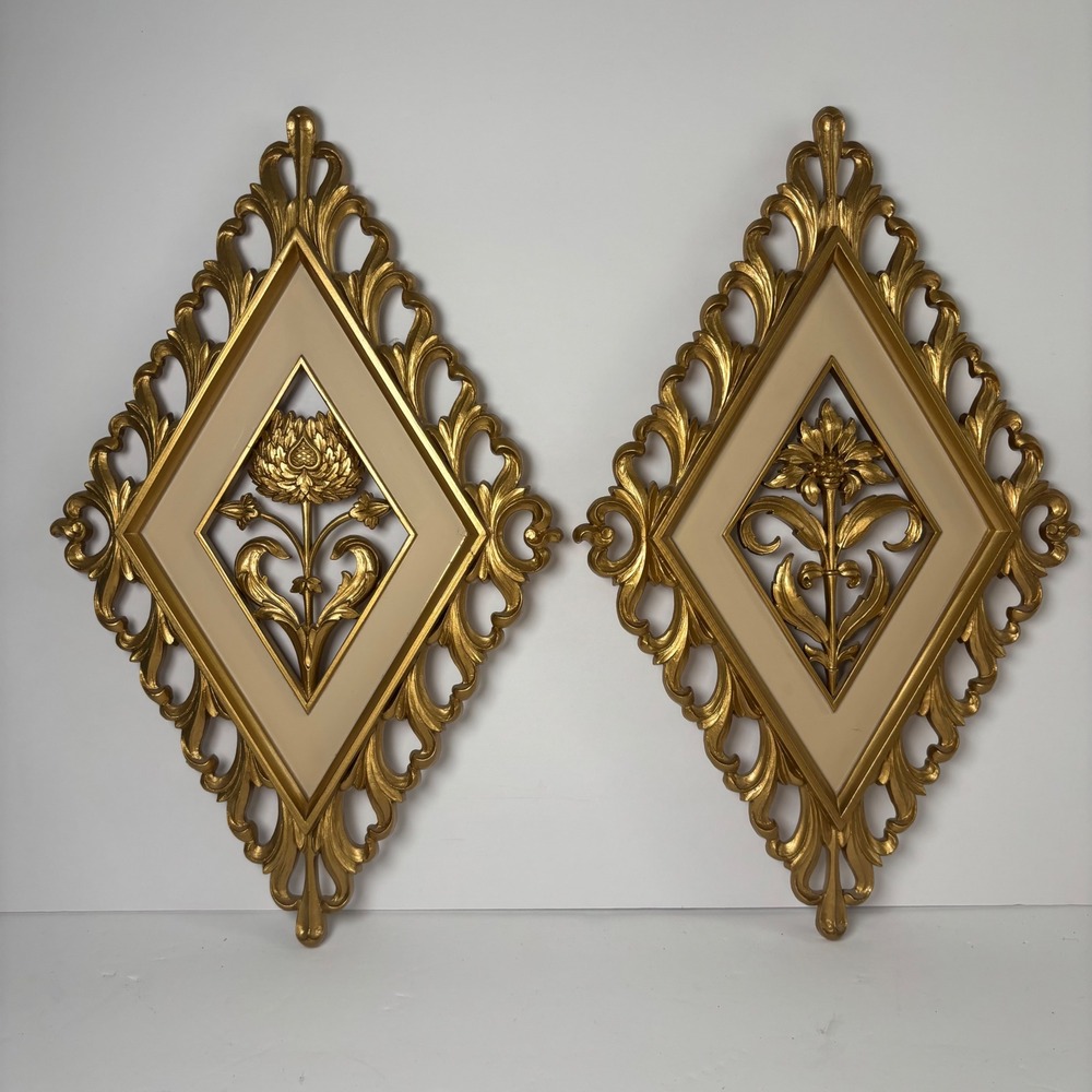 Syroco Floral Wall Art Set 2 14x8.5 Gold Diamond Hollywood‎ Regency MCM 4973